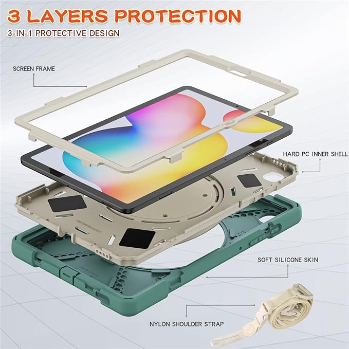 360 Rotation Case for Samsung Galaxy Tab S6 Lite 10.4 Sturdy Cover Rotate Ring Stand Shoulder Carrying Strap Hand Strap Rugged Children Adults Outdoor Case (DarkGreen)
