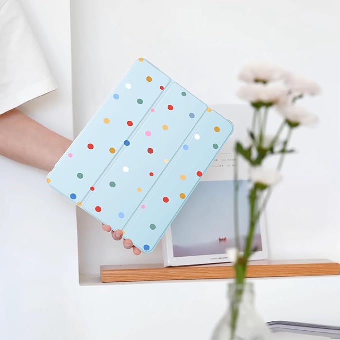 Cute Kawaii Polka Dot for iPad 5th/6th Generation Case with Pencil Holder Auto Sleep/Wake Blue Leather Soft TPU Back Cover for iPad 9.7 Inch