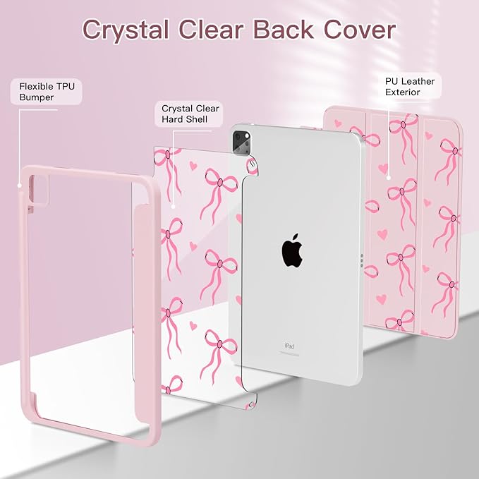 Teryeefi for iPad Air 11-Inch Case M4 (2026) M3 (2025) / M2 (2024) &amp iPad Air 4th/5th Generation iPad Pro 11 in 4th/3rd/2nd/1st - Clear Back Cover with Pencil Holder Auto Wake/Sleep (Cute Bows)