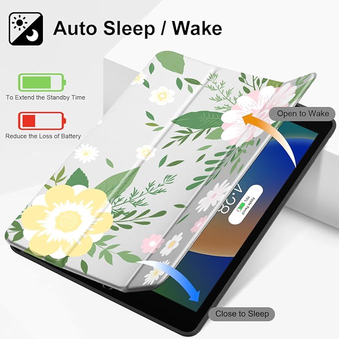Tuiklol Case for iPad 10.2 Inch 2021 2020 2018 Release 9th / 8th / 7th Generation Built-in Pencil Holder TPU Protective Stand Back Cover Trifold Stand-Auto Wake/Sleep Flowers White