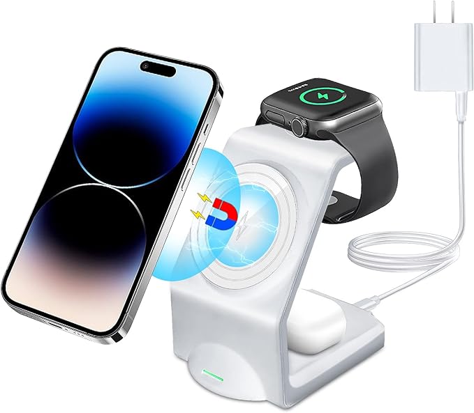 Wireless Charger Charging Station Magnetic 3 in 1 Charging Station for Apple Multiple Devices for Apple -15/14 Pro Max iWatch Ultra/8/se/7/6/5/4/3/2 AirPods2/Pro Phone ChargerWhite