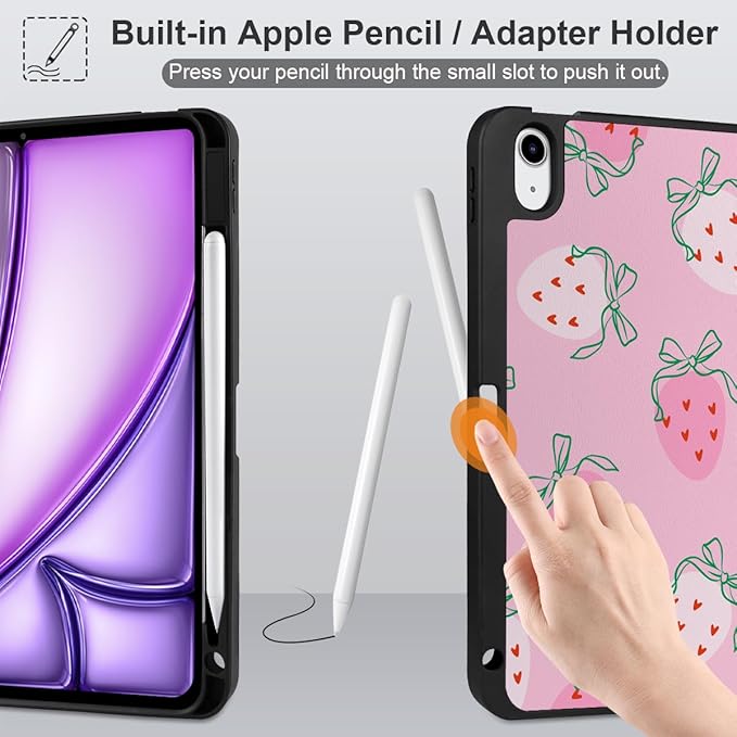 MEEgoodo for M4/M3/M2 iPad Air 11 inch Case 2026 2025 2024Case for iPad Air 5th Generation/iPad Air 4th Gen 10.9 inch 2022 2020 Tablet Cover with Soft TPU Back Shell Strawberry &amp Bow
