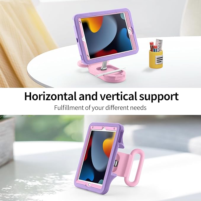 Kids Case for iPad 7th/8th/9th Gen 10.2 inchLight Weight Heavy Duty/Shockproof/Drop Proof with Handle/KickstandChild Friendly Protective Cover for iPad 10.2 2021/2020/2019 (PurplePink)