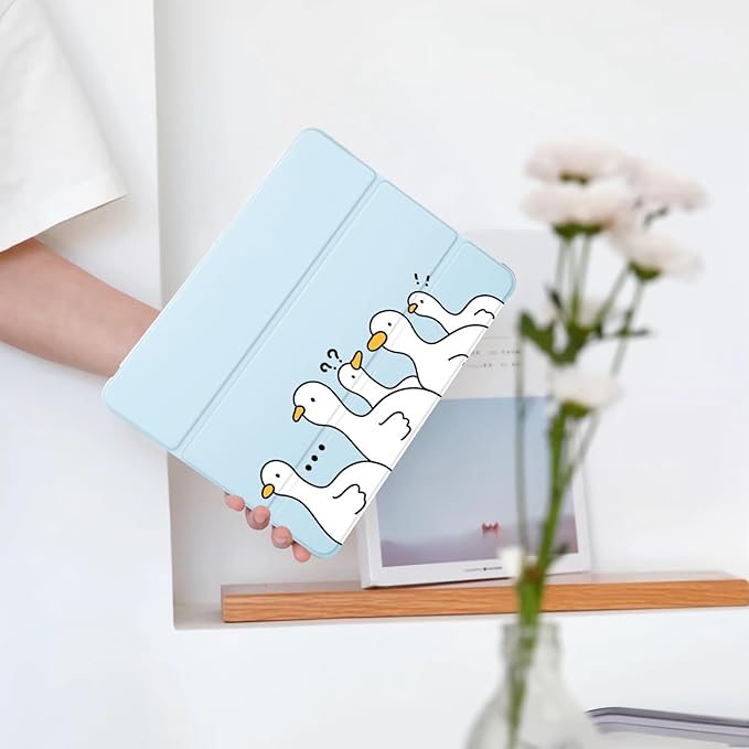 Cute Kawaii Duck for iPad Air 13 Inch Case M3 2025/M2 2024 with Pencil Holder Auto Sleep/Wake Blue Leather Soft TPU Back Cover