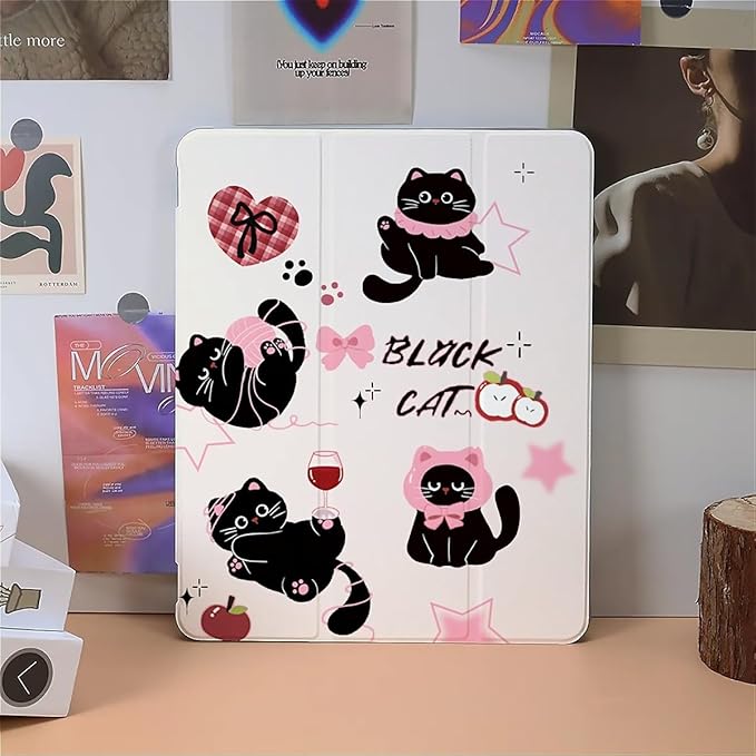 Cute Black Cats Pink Plaid Bows Case Compatible with iPad 9th 8th 7th Generation 10.9 Inch 2021/2019/2018Funny Cover with Trifold Stand + Pencil Holder for Boys GirlsiPad 10.9in 2022