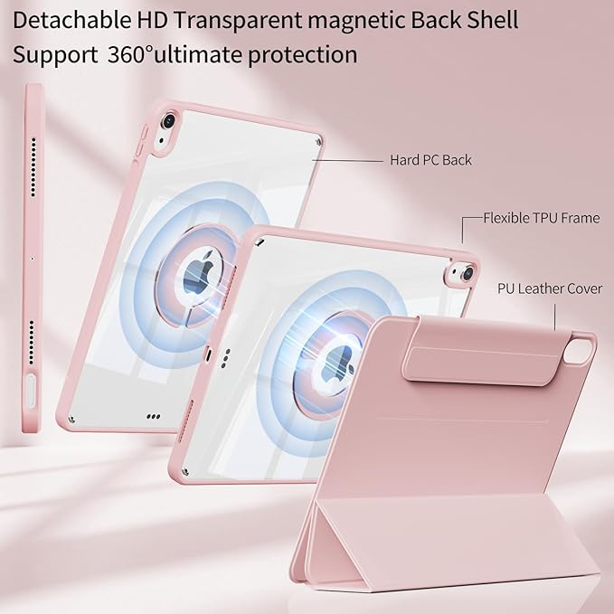 KENKE Magnetic Case for iPad A16 11th/10th Generation (11/10.9 Inch 2025/2022) with Pencil Holder Magnetic Detachable Hybrid Stand Clear Hard PC Back Shell Portrait/Landscape Angle Pink