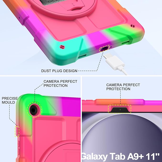 BMOUO CASE for Samsung Galaxy Tab A9+ Plus Case 11 2023 (SM-X210/X216/X218) Shockproof Galaxy Tab A9 Plus Case with Rotating Stand and Hand/Shoulder Strap Magenta