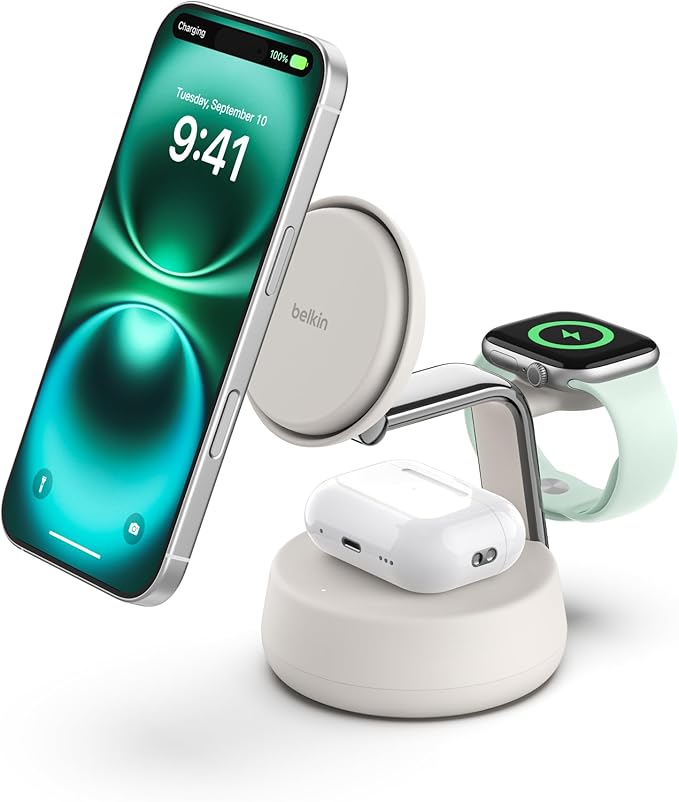 Belkin MagSafe Charger Compatible 3-in-1 Charging Station Qi2.2 25W w/Cooling Fan (On/Off Control) Magnetic Wireless Charger for iPhone 17 Apple Watch AirPods Pixel 10 (45W Adapter Included)