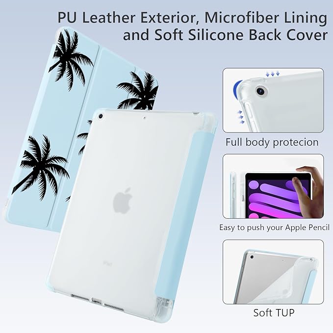 Black Palm Tree for iPad Pro 12.9 Inch Case 5th/6th Generation 2022/2021/2020 with Pencil Holder Auto Sleep/Wake Blue Leather Soft TPU Back Cover