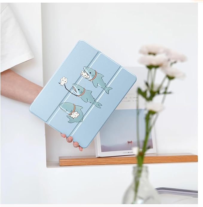 Cute Kawaii Shark Bunny for iPad Air 11 Inch Case 7th/6th Generation (M3/M2) 2025/2024 with Pencil Holder Auto Sleep/Wake Blue Leather Clear Acrylic Back Cover