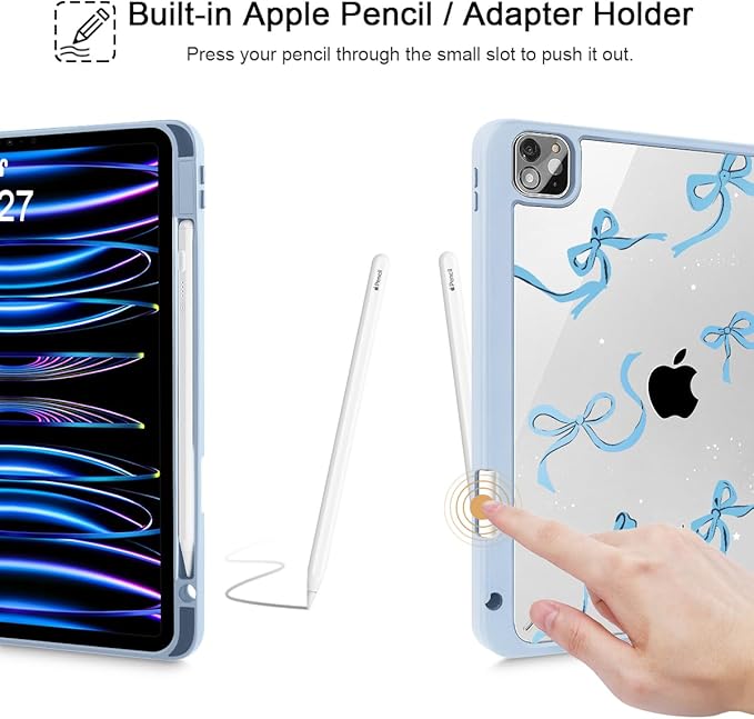 May Chen for iPad Pro 11 inch M2 4th Generation 2022 iPad Pro 11 3rd/2nd/1st Gen Case with Transparent Shockproof Back Cover [Built-in Pencil Holder Auto Sleep/Wake Bows Blue