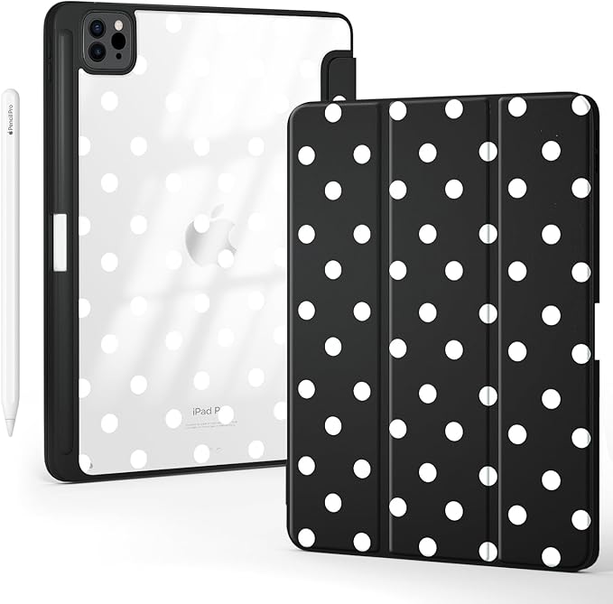 Cute Polka Dot for iPad Air 13 Inch Case M3 2025/M2 2024 with Pencil Holder Auto Sleep/Wake Black Leather Clear Acrylic Back Cover