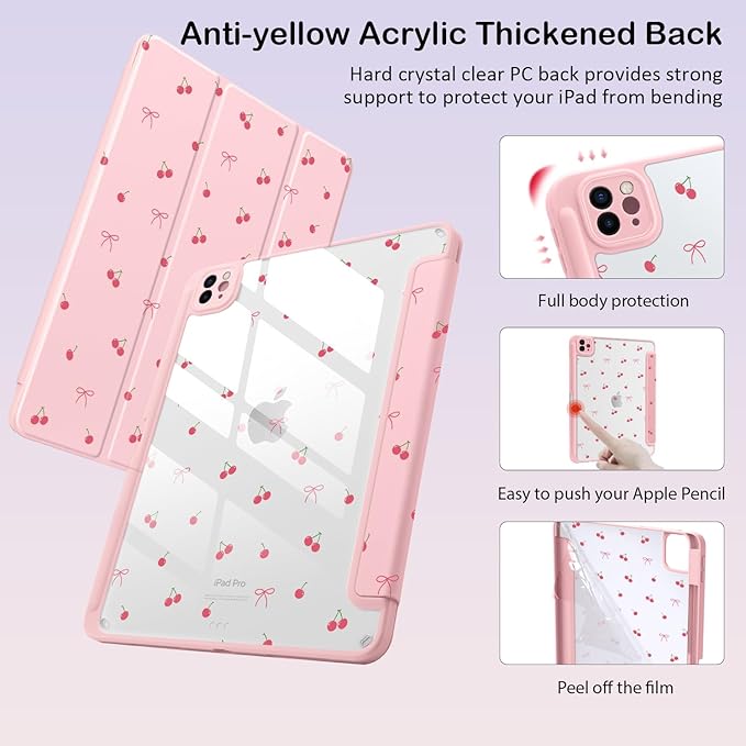 Cute Kawaii Cherry Bow for iPad Pro 12.9 Inch Case 5th/6th Generation 2022/2021/2020 with Pencil Holder Auto Sleep/Wake Pink Leather Clear Acrylic Back Cover