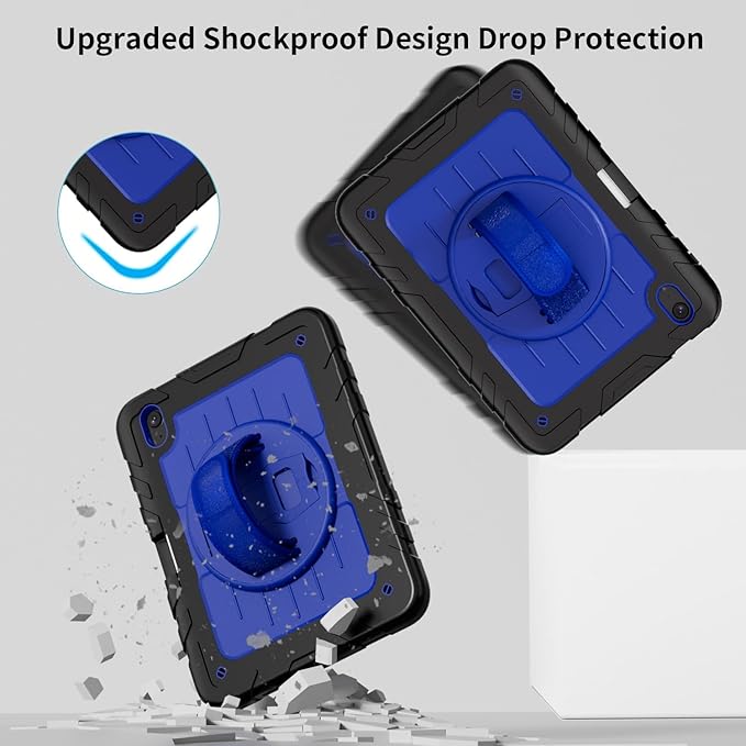 for iPad (A16) 11th/10th Generation Case 2025/2022 (11″/10.9″) Sturdy Heavy Duty Full-Body Shockproof Protective Case with Screen Protector Rotating Stand Hand/Shoulder Strap-Black+Dark Blue