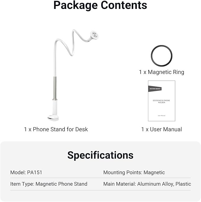 NEEWER Basics Magnetic Phone Stand for Desk 360° Overhead Table Cellphone Holder Clamp Mount with Flexible Arm Compatible with MagSafe iPhone Android Samsung for Bed Video Recording PA151 White