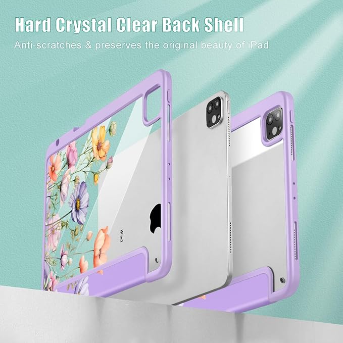 May Chen for iPad Pro 11 inch M2 4th Generation 2022 iPad Pro 11 3rd/2nd/1st Gen Case with Transparent Shockproof Back Cover [Built-in Pencil Holder Auto Sleep/Wake Purple Wild Flowers