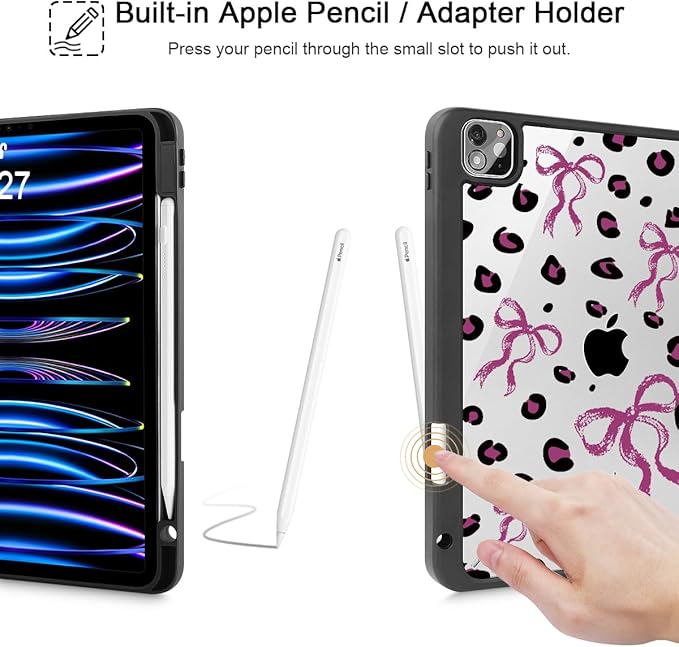 Mektron Case for iPad Pro 11 inch (4th 3rd 2nd &amp 1st Gen) 2022 2021 2020 2018 Buit in Pencil Holder with Shockproof Cover Clear Shell + Auto Wake/Sleep Composition Book-Bows