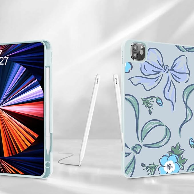 Mektron for iPad Pro M2 11-inch 4th/ 3rd/ 2nd/ 1st Gen Case 2022 2021 2020 2018 with Pencil Holder Tablet Cover with Soft TPU Back Cover for 11 inch iPad Pro Flowers-Bows-Blue