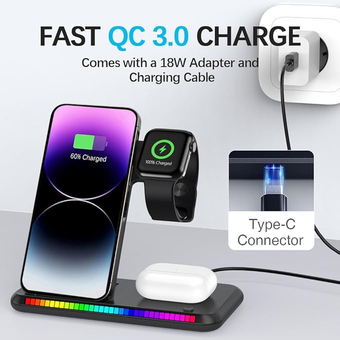 IHAO 3in1 Multifunctional Foldable Wireless Charging Station with LED Ambient Night Light Fast QC3.0 Charger for Phone iWatch Headphone Space-Saving Auto-Shutoff &amp Overcharge Protection-Black