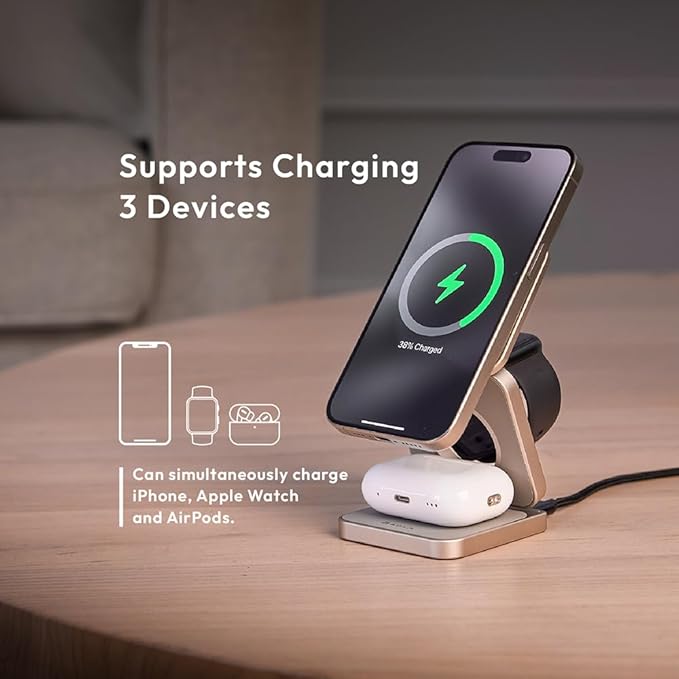 ADAM elements Mag 3 Pro Qi2 3-in-1 Foldable Travel Charging Station 15W Fast Wireless Charger for iPhone 17 16 15 14 13 12 Apple Watch &amp AirPods Compact Magnetic Dock for Desk &amp Travel (Tit