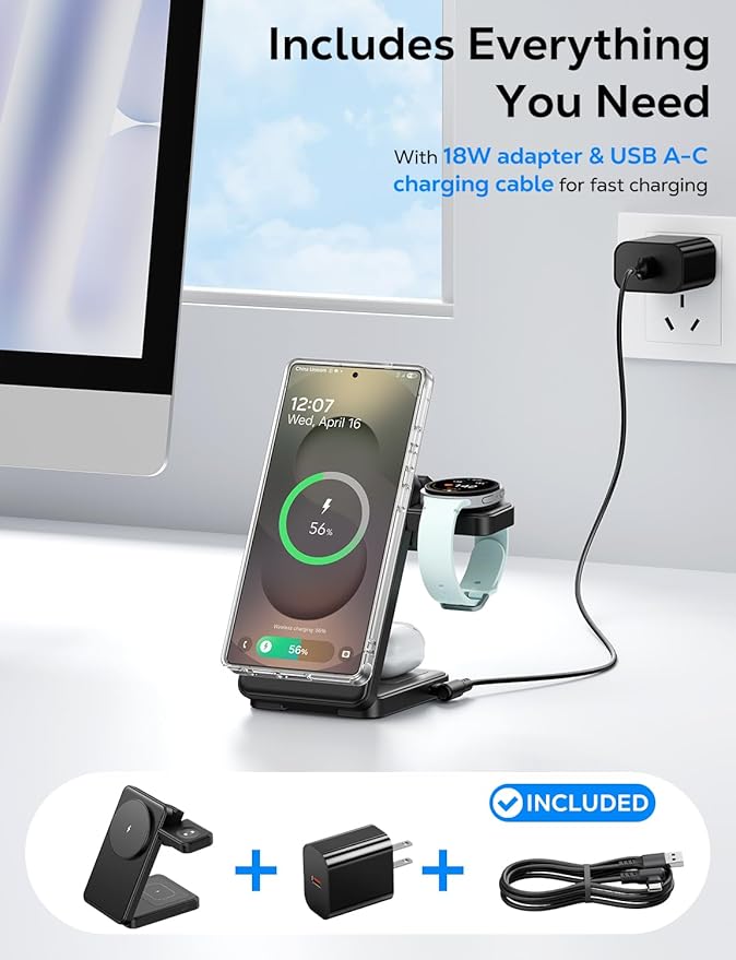 Magnetic Foldable Wireless Charger for Samsung 3 in 1 Mag-Safe Fast Charging Station for Galaxy S26 S25 S24 Ultra Plus/Z Fold/Z Flip 7 6 5 Charger Stand for Galaxy Watch Ultra 8 7 6 Classic &amp Bu
