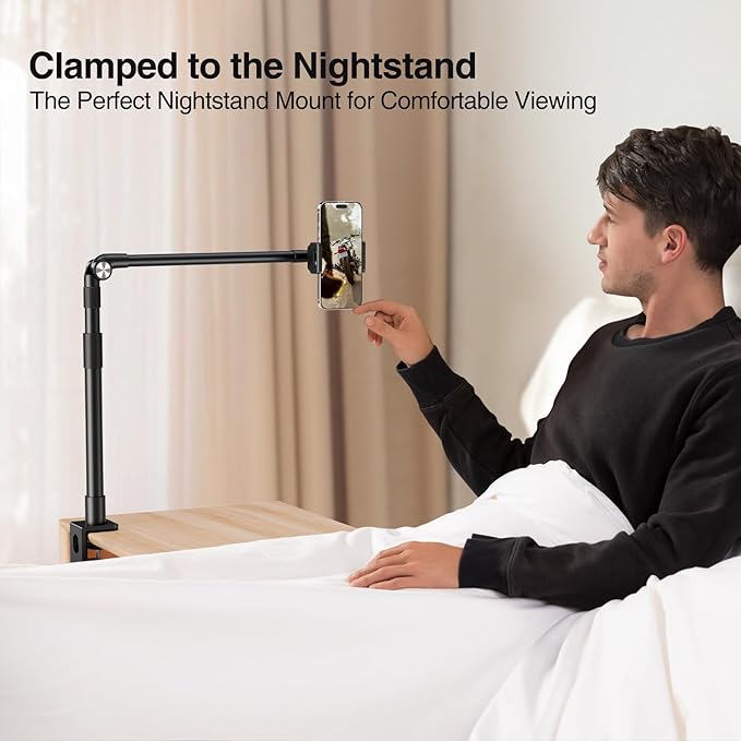 elitehood Aluminum Arm Phone Holder for Bed [360° Swivel Tilt Rotation] Adjustable Bedside Phone Holder Laying Down iPhone Stand for Bed Desk Overhead iPhone Clamp Mount Fit All 4-7’’ Cellphone