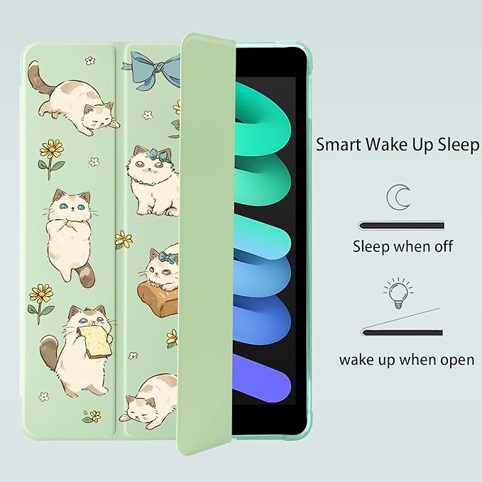 Cue Kawaii Kitten Cat for iPad Air 3 Case with Pencil Holder Auto Sleep/Wake Green Leather Soft TPU Back Cover for iPad Pro 10.5 Inch 2017