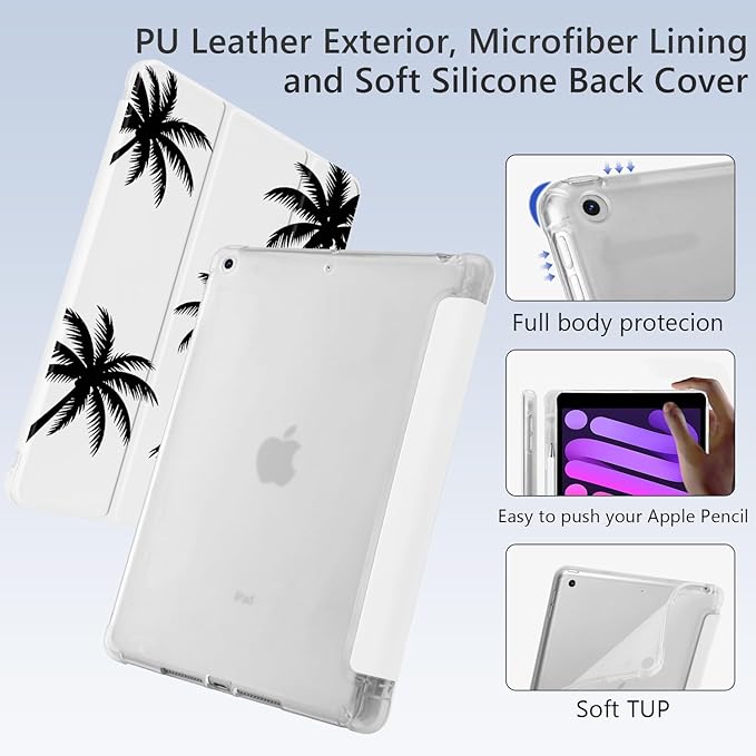 Cute Black Palm Tree for iPad Air 3 Case with Pencil Holder Auto Sleep/Wake White Leather Soft TPU Back Cover for iPad Pro 10.5 Inch 2017