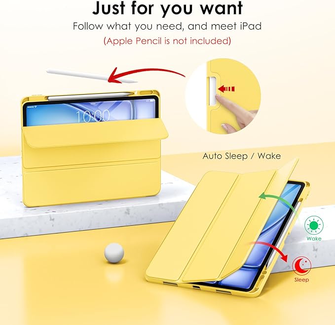 DTTO for iPad Air 13 Inch Case M4/M3/M2 2026/2025/2024 iPad Pro 12.9 Inch Case (6th/5th/4th/3rd Gen) Smart Slim Trifold Stand Soft Cover with Pencil Holder Yellow