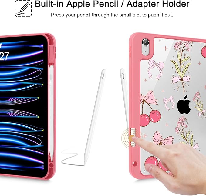 Tuiklol for 2025 iPad (A16 Chip) 11th Generation 11 inch/iPad 10th Generation 10.9 inch 2022 Case Buit in Pencil Holder with Clear Back Shell Cover Trifold Stand Auto Wake/SleepCherry Bow