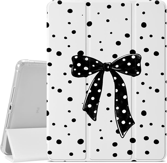 JOYLAND Black Polka Dot Bowknot Case for iPad mini 7th(A17 Pro) 2024 / Mini 6th Generation 8.3 2021Pencil Holder &amp Clear Transparent Back &amp Trifold Smart Tablet Cover for Girls Women