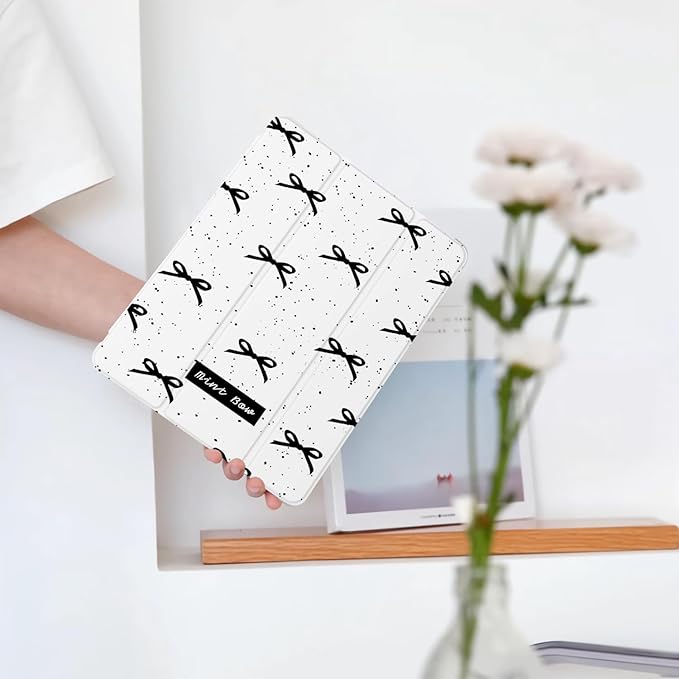 Cute Kawaii Black Bow Flower for iPad Pro 12.9 Inch Case 5th/6th Generation 2022/2021/2020 with Pencil Holder Auto Sleep/Wake Leather Soft TPU Back Cover