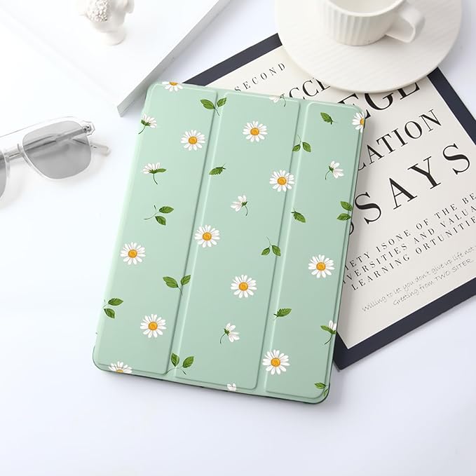 JOYLAND Cute Daisy for iPad 7th/8th/9th Generation Case (2019/2020/2021) 10.2 inchwith Pencil Holder-Premium Shockproof Case with Soft TPU Back Cover &amp Auto Sleep/WakeGreen Shell