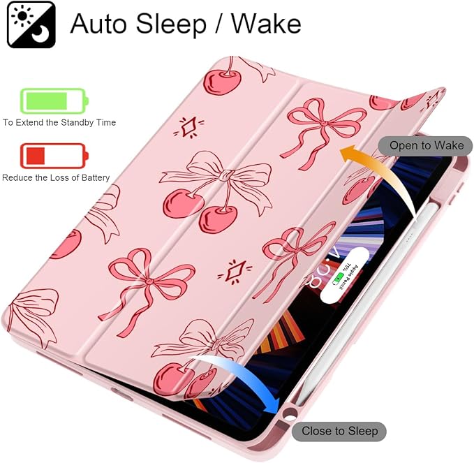 May Chen for iPad Pro 11 inch M2 4th Generation 2022 iPad Pro 11 3rd/2nd/1st Gen Built-in Pencil Holder with Shockproof Cover Clear Transparent Back Shell Auto Wake/Sleep Coquette Cherry Bow