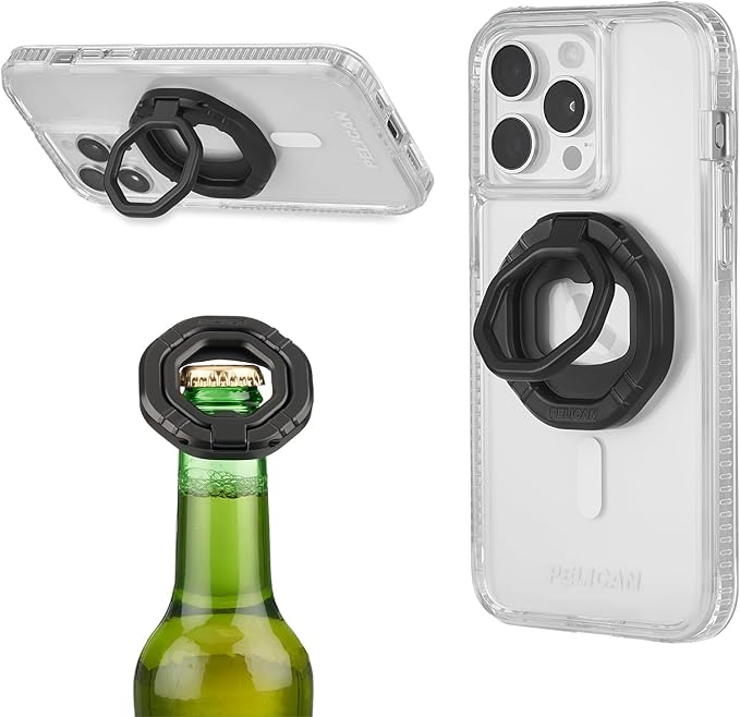 Pelican 3-in-1 Magnetic Phone Grip with Phone Stand and Bottle Opener - Rotatable and Removable for MagSafe Accessories - Magnetic iPhone Holder for iPhone 17 Pro Max/16 Pro/15/14/13/Pixel 10 - Black