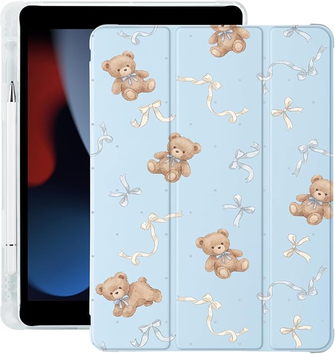 Cute Kawaii Bear Bow for iPad Pro 12.9 Inch Case 5th/6th Generation 2022/2021/2020 with Pencil Holder Auto Sleep/Wake Blue Leather Soft TPU Back Cover