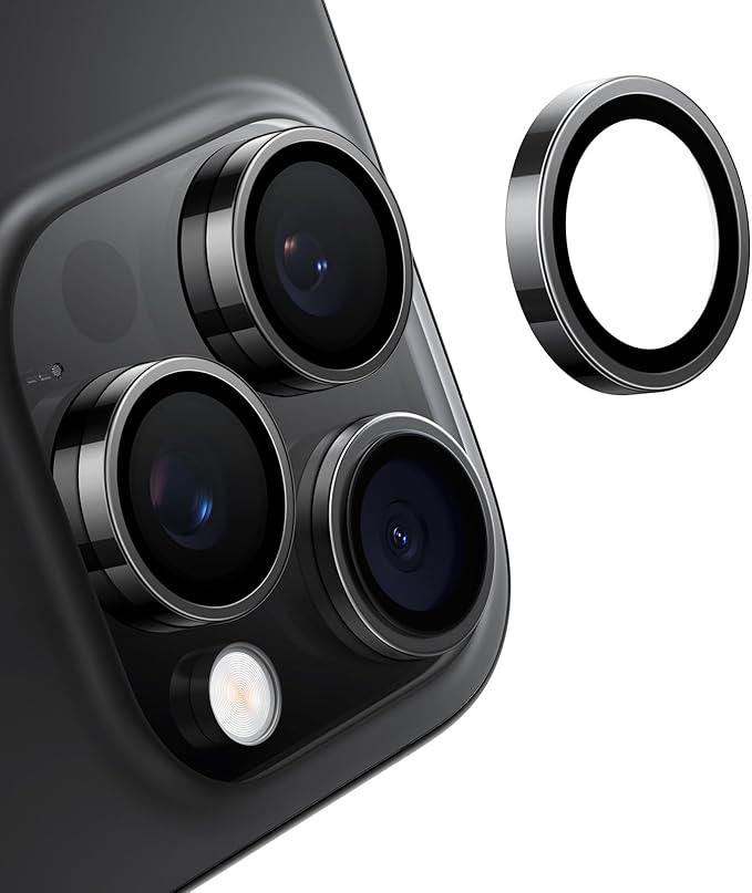 TORRAS 3-Year Ultimate Durability for iPhone 15 Pro Max/15 Pro Camera Lens Protector - 1:1 Invisible Fit &amp Ultra Clarity Military-Grade 9H+ Aerospace Glass Anti-Scratch Easy Installation Black