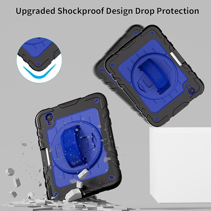 for iPad mini 7 A17 Pro/iPad mini 6 8.3 Inch Case iPad mini 7th/6th Generation Case (2024/2021) with Pencil Holder/Kickstand Hand Strap/Shoulder StrapBlack+Blue