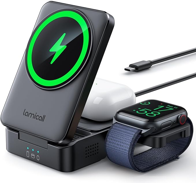Lamicall Foldable 3 in 1 Wireless Charging Station for Apple MagSafe - [Upgraded Cooling &amp Reliability] Compact Travel Magnetic Charger Stand for iPhone 17 16 15 14 13 Pro Max AirPods Apple Watc