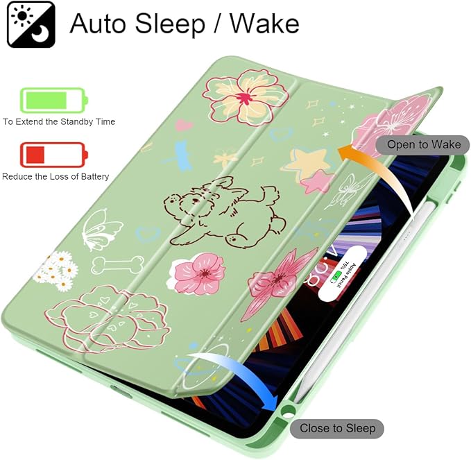 May Chen for iPad Pro 11 inch M2 4th Generation 2022 iPad Pro 11 3rd/2nd/1st Gen Case with Transparent Shockproof Back Cover [Built-in Pencil Holder Auto Sleep/Wake Green Flower Dog