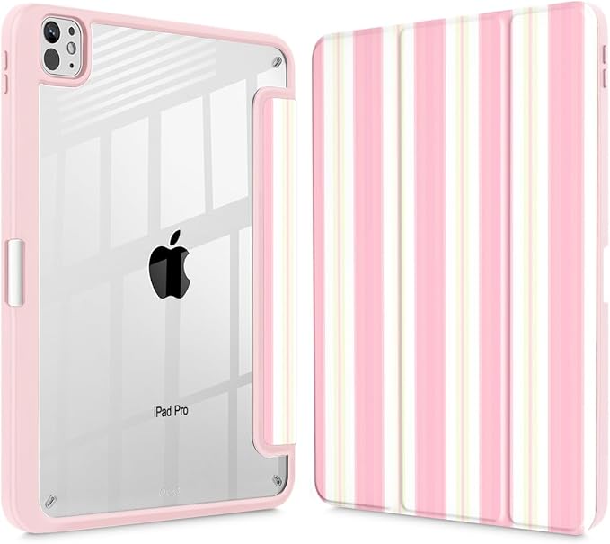 Mektron Case for M5/ M4 iPad Pro 11 inch 2025/2024 with Pencil Holder Compatible Models: A3357/A3358/A3359/A2836/A2837/A3006 Shockproof Cover Clear Shell Pink Striped