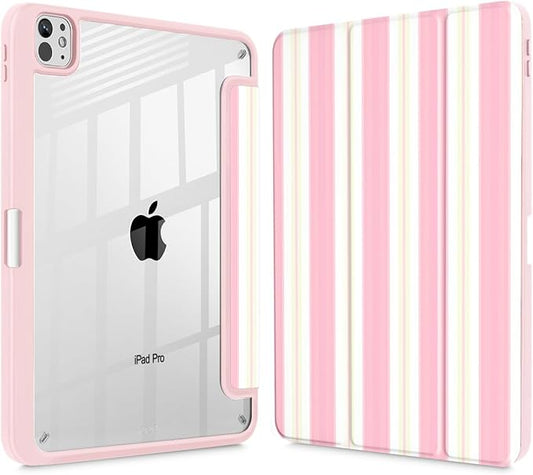 Mektron Case for M5/ M4 iPad Pro 11 inch 2025/2024 with Pencil Holder Compatible Models: A3357/A3358/A3359/A2836/A2837/A3006 Shockproof Cover Clear Shell Pink Striped