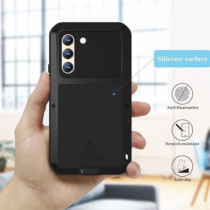 LOVE MEI Military Rugged Case for Samsung Galaxy S22 with Tempered Glass Screen Protector Shockproof Dustproof Scratch Proof Hybrid Metal and Silicone Gel Heavy Duty Full Body Cover Black