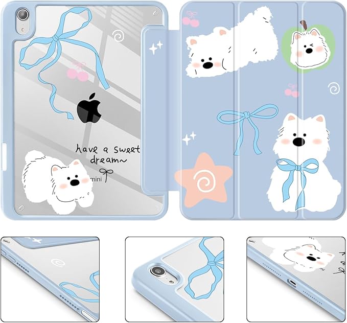 May Chen Hybrid Slim Case for iPad mini 7 (A17 Pro 7th Generation) 2024 / iPad mini 6 (6th Gen) 8.3 Inch [Built-in Pencil Holder] Shockproof Cover Clear Clear Back Shell Auto Wake/Sleep Cute Puppy