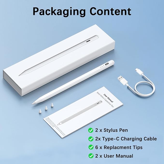 【2Pack】 Stylus Pen for Apple iPad 2018-2025 A16 11/10/9/8/7/6iPad mini A17 Pro/6/5iPad Air M3/M2 11/13/5/4/3iPad Pro M5/M4 13/12.9/11 USB-C Fast Charging PencilPixel-Perfect Tilt Sensitivity