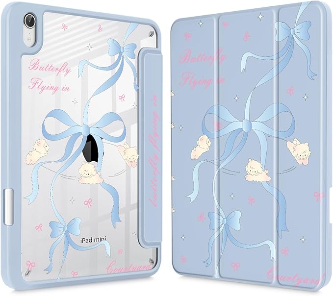 Mektron Printed Case for iPad mini 7 (A17 Pro) 2024/ Mini 6 2021 iPad mini 7th/6th Generation 8.3-inch Liquid Retina Display Cover Buit in Pencil Holder with Clear Back Shell Blue Bows-Sheep