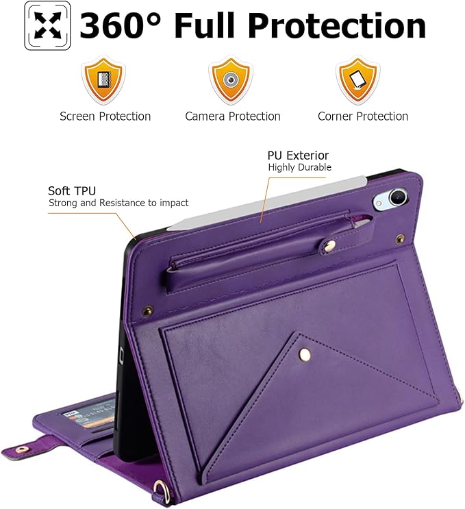 Dteck for iPad 10th Generation Case 2022 Premium PU Leather Business Stand Smart Auto Wake/Sleep Cover Shoulder/Hand Strap Card Slots Wallet Case with Pencil Holder for iPad 10th Gen 10.9Purple