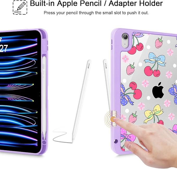 Tuiklol for 2025 iPad (A16 Chip) 11th Generation 11 inch/iPad 10th Gen 10.9 inch 2022 Case Buit in Pencil Holder with Clear Back Shell Cover Trifold Stand Auto Wake/Sleep Strawberry Cherry Purple