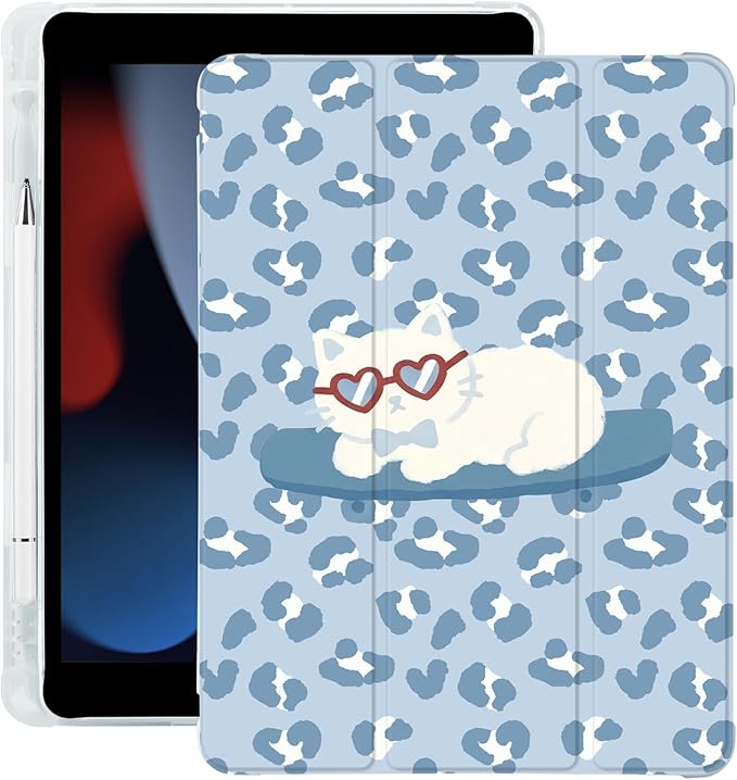 Cute Leopard Print Cat for iPad Air 3 Case with Pencil Holder Auto Sleep/Wake Blue Leather Soft TPU Back Cover for iPad Pro 10.5 Inch 2017