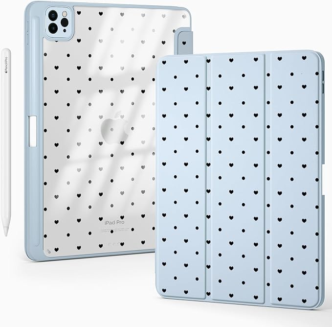 Cute Heart Polka Dot for iPad Pro 12.9 Inch Case 5th/6th Generation 2022/2021/2020 with Pencil Holder Auto Sleep/Wake Blue Leather Clear Acrylic Back Cover